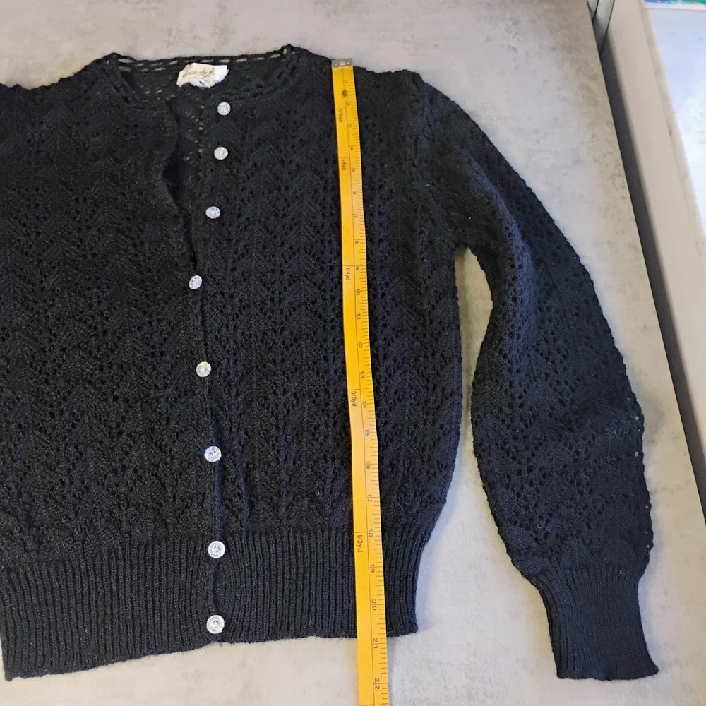 Vtg Dress Du Jour Open Knit Wool Cardigan Black Womens Small Whimsigoth Retro